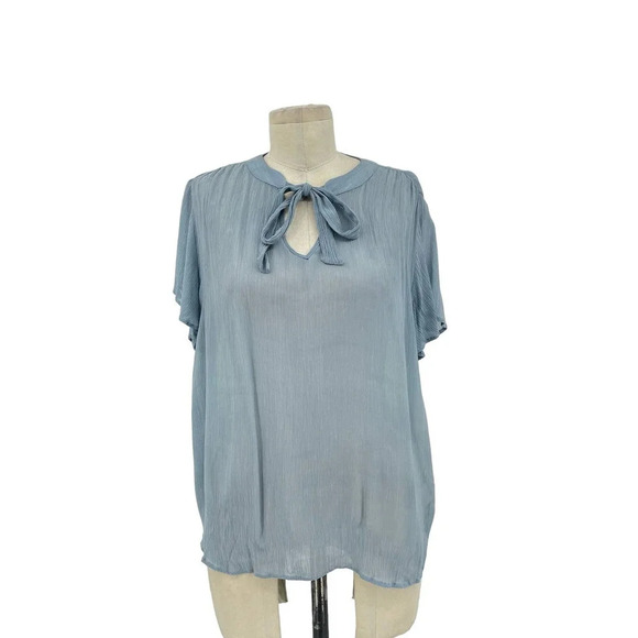 Amour Vert Blouse Top Shirt Tie Neck Short Sleeve Cupro Light Blue Size Small - Picture 1 of 7